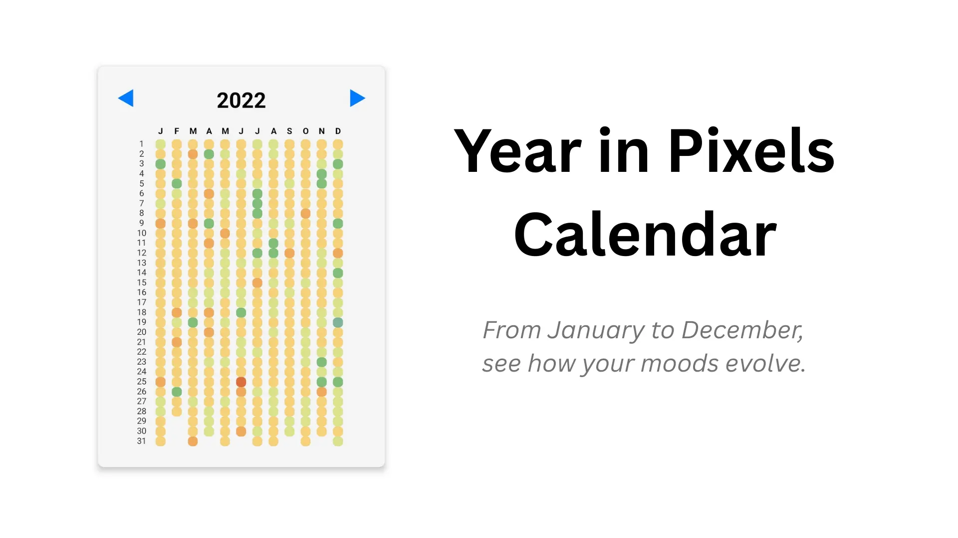Year in Pixels mood tracker calendar visualization showing an entire year at a glance